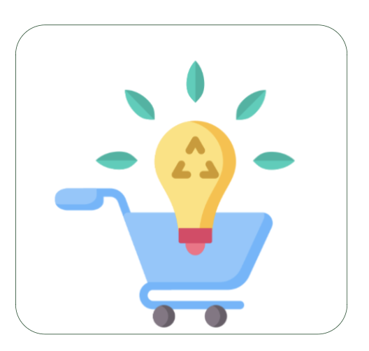 A shopping cart with a light bulb and a green leaf, symbolizing eco-friendly shopping choices.